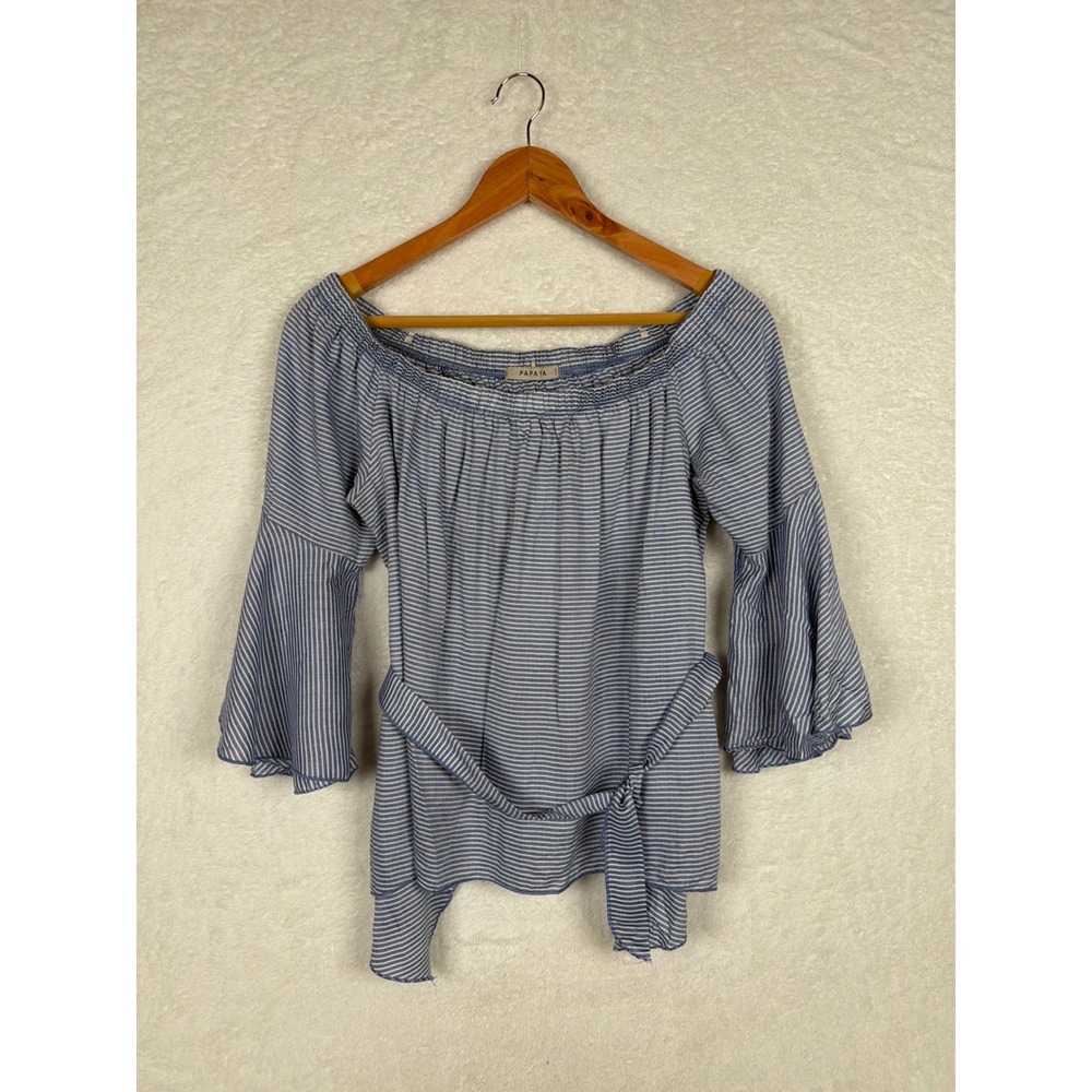Papaya Blouse Womens Medium Blue Striped Off Shoulder Bell Sleeve T21879